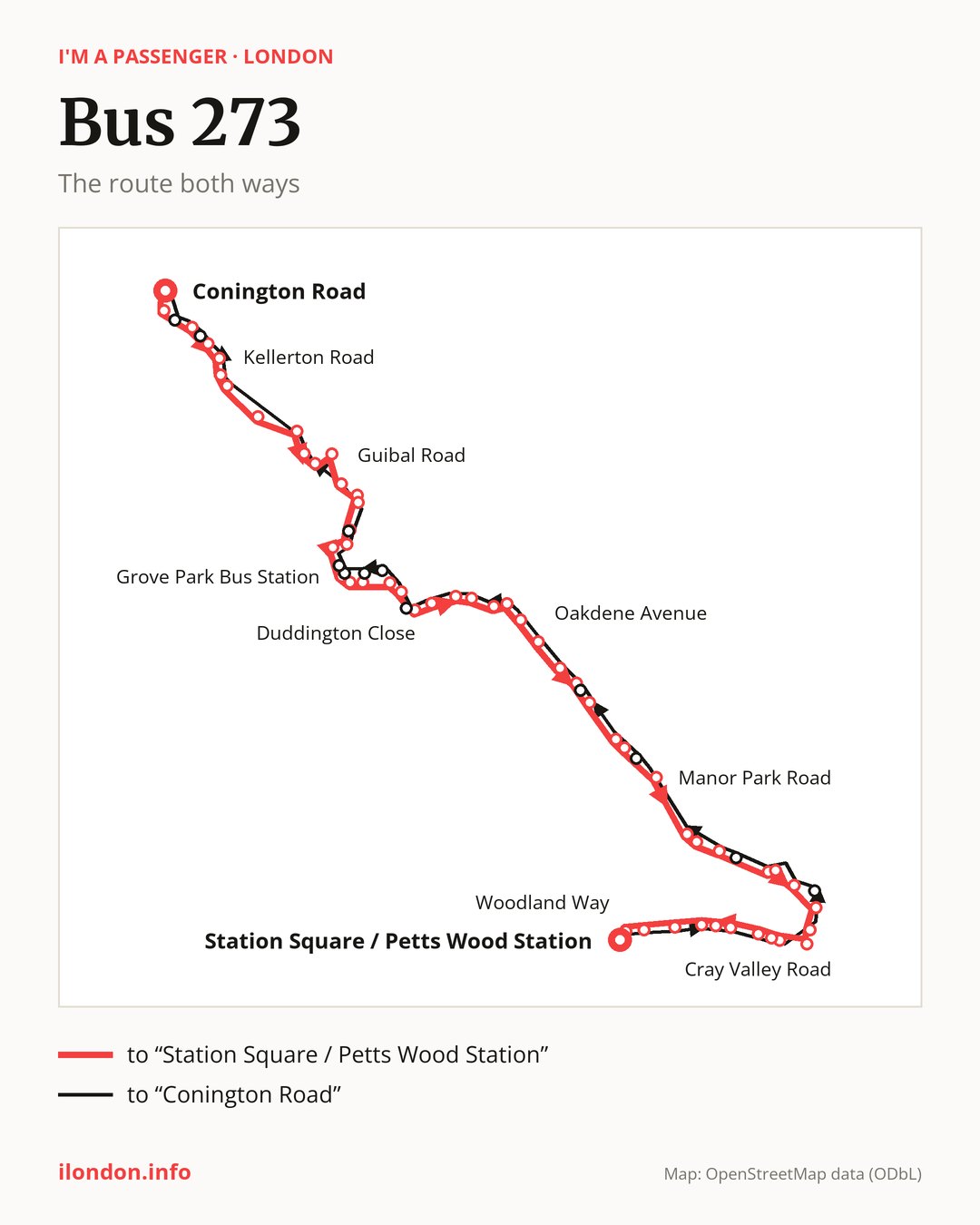 Bus route 273 in London on the map: the route both ways
